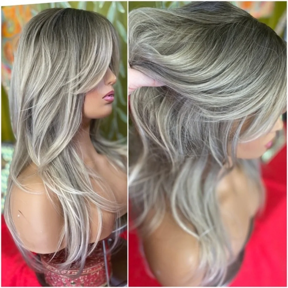 grey blonde long layered wig curtain bangs